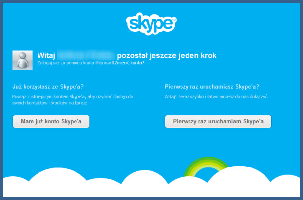 Wybierz istniejace lub nowe konto Skype