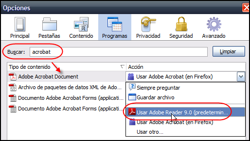 Programas en las Opciones de Firefox
