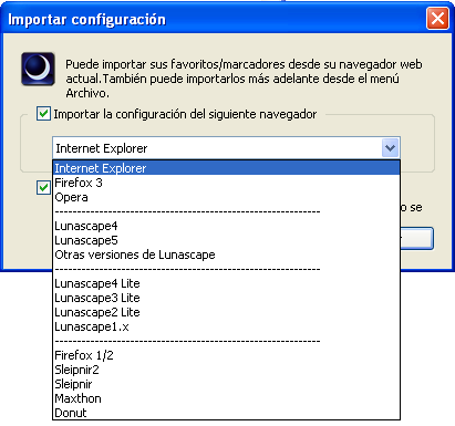 Importar Configuración en Lunascape