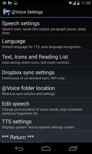 Voice Aloud Reader : options de l'application