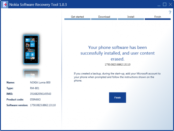 Tela de confirmação do Nokia Software Recovery Tool
