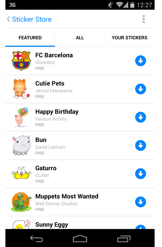 Facebook Messenger, liste de stickers