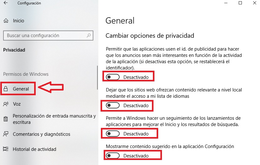 Desactivar anuncios en Win 10
