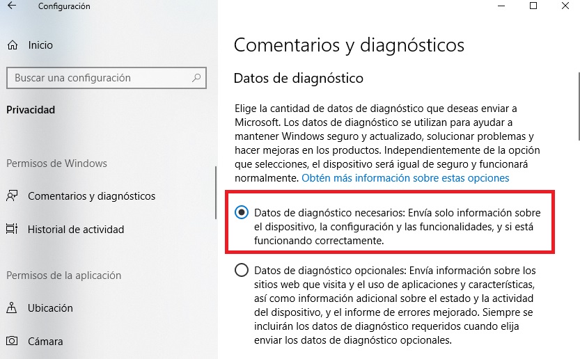 Comentarios de diagnóstico de Windows 10