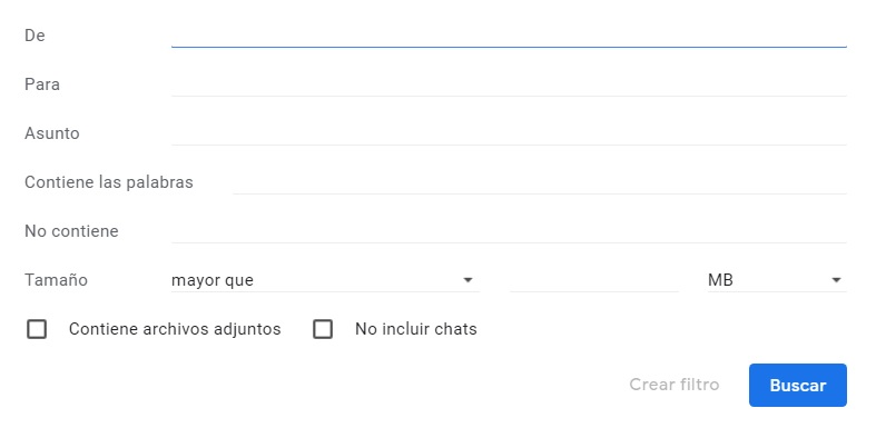Menú para añadir filtros a Gmail