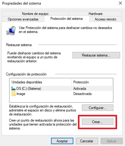 Crear un punto de restauración en Windows 10