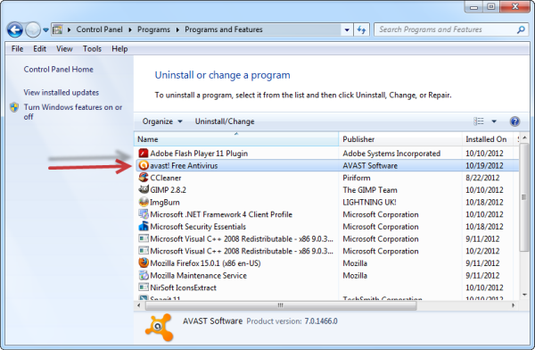 how to uninstall avast antivirus from control panel