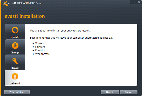 uninstall avast software