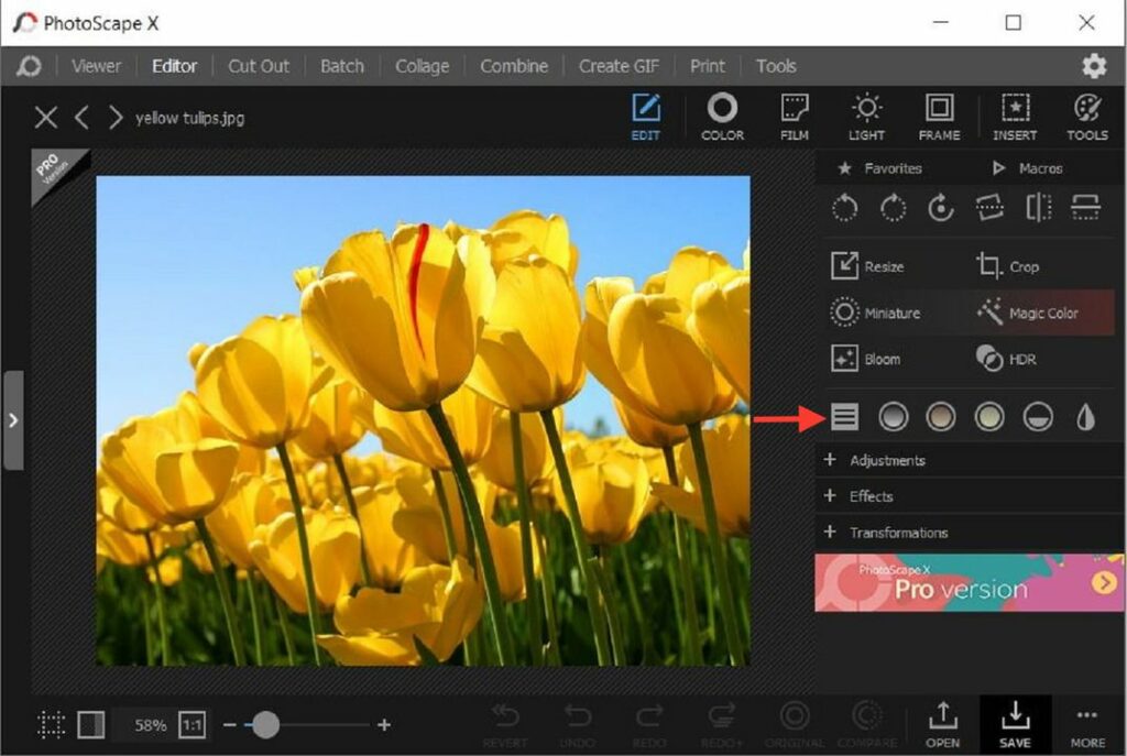 The Quick Menu in PhotoScape reveals the range of editing tools and features included with the program