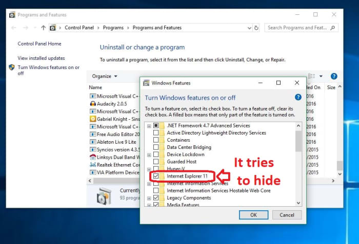 Windows Features Internet Explorer 11