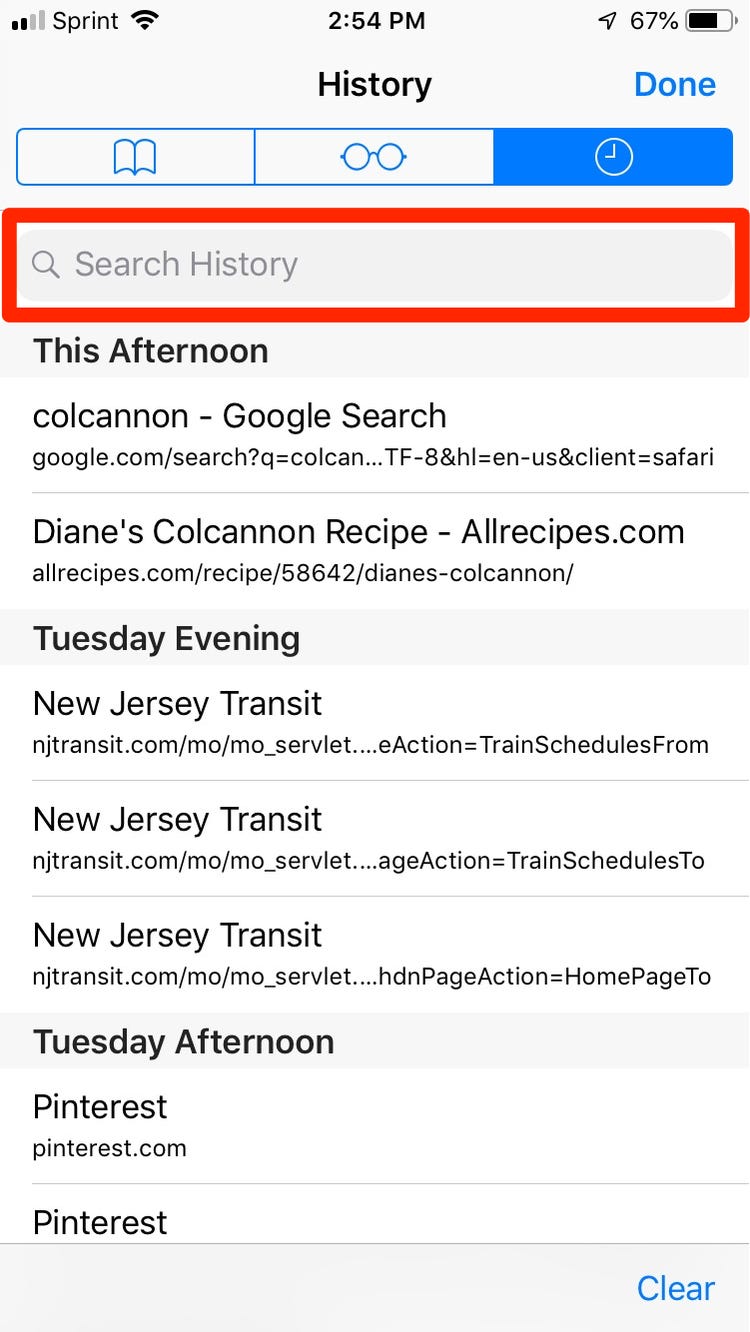 google search history on safari