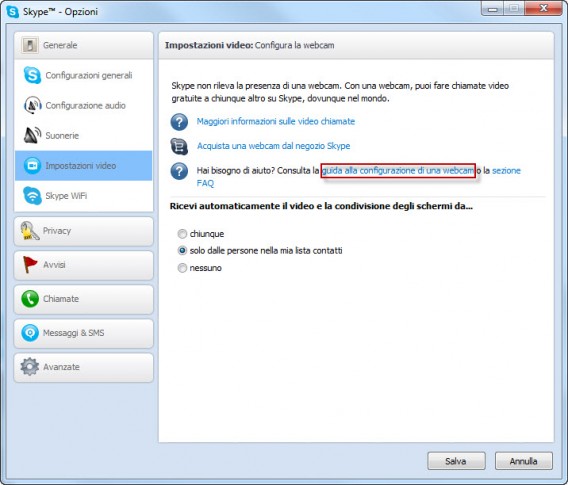 Webcam non rilevata Webcam non rilevata