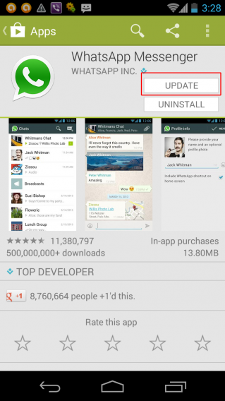 WhatsApp aktualizacja w Google Play