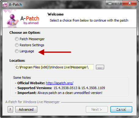 Mudar o idoma do A-Patch para MSN