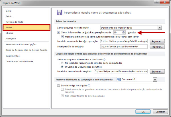 Alterar intervalo do recurso AutoRecuperação no Word