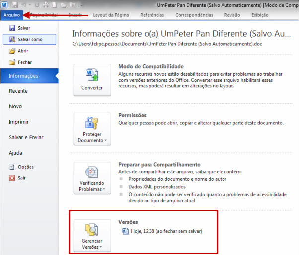 Versões anteriormente salvas no Word