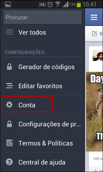 Configurações da conta do Facebook para celular