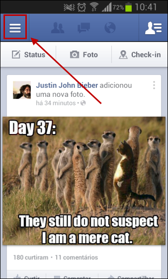 Menu de configurações do Facebook