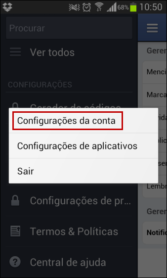 Selecionar configurações da conta do Facebook