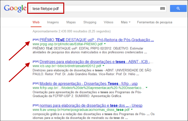 Buscar um tipo específico de arquivo no Google