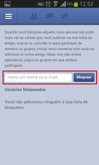 Inserir nome da pessoa a ser bloqueada no Facebook para celular