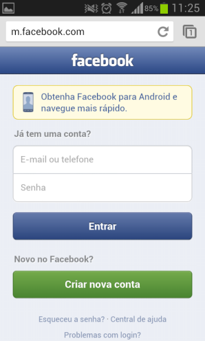 Login no Facebook no browser do celular