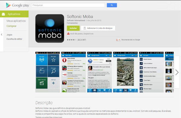 Página do Softonic Moba na Google Play Store