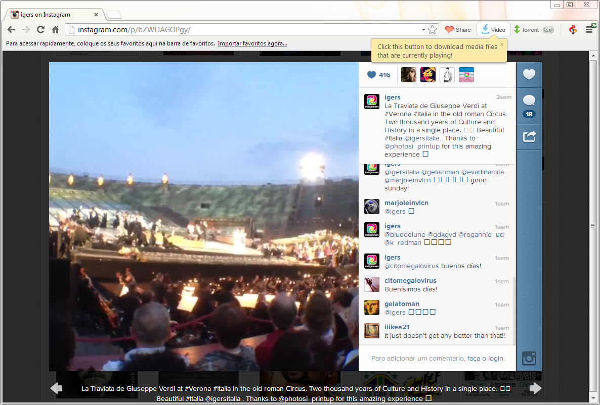 Baixar vídeos do Instagram com o Torch