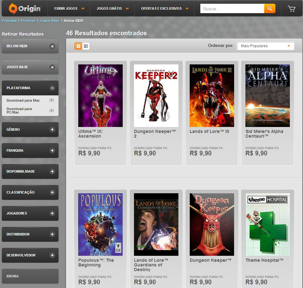 Origin faz liquidação de jogos clássicos