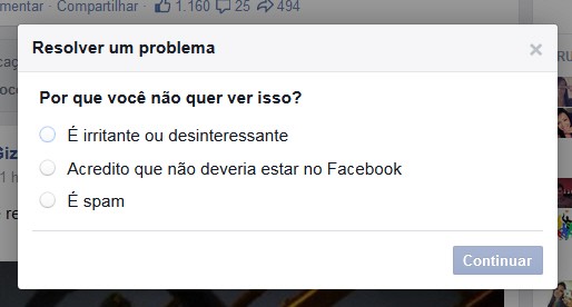 Motivos de exclusão de um post sugeridos pelo Facebook Motivos de exclusão de um post sugeridos pelo Facebook