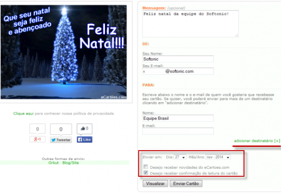 eCartoes oferece a opção de agendar e enviar para vários destinatários