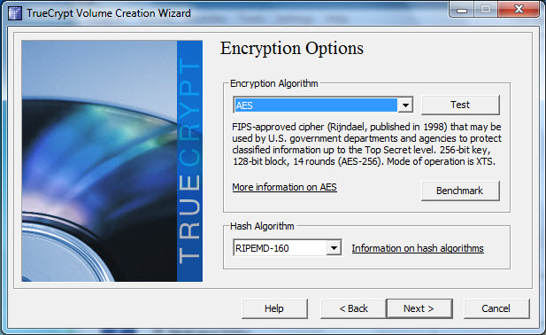 As opções padrão AES e RIPEMD-160 são boas o bastante para a maioria das pessoas