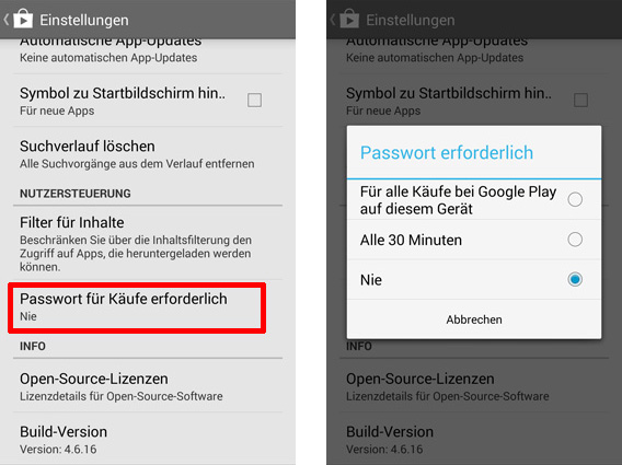 Google Play Store Einstellungen zu In-App-Käufen