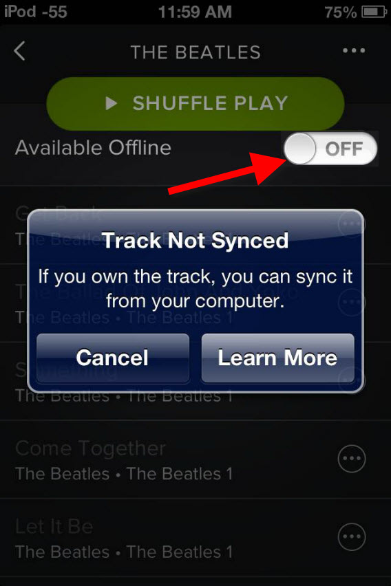 Botão para sincronizar músicas do PC no Spotify