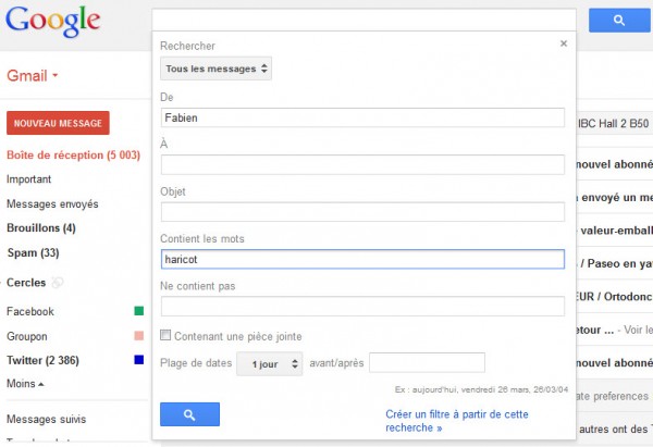 Gmail, Moteur de recherche interne