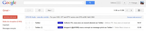 Gmail Interface complète Cliquez sur l'image pour accéder à l'image de l'interface complète et mieux situer les partie auxquelles l'article fait référence