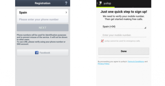 Telas de registro do LINE e Yuilop