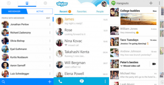 Telas de interface do FB Messenger, Skype e Hangouts