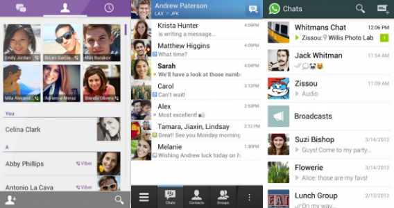 Telas de interface do Viber, BBM e WhatsApp