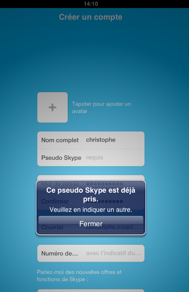 Créer un compte Skype - iPhone - iPad 4 - choix du pseudo