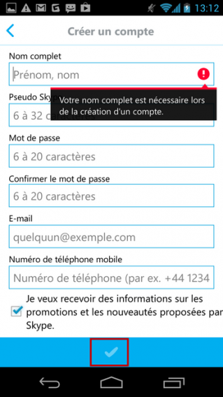 Créer un compte Skype via Android - les infos nécessaires